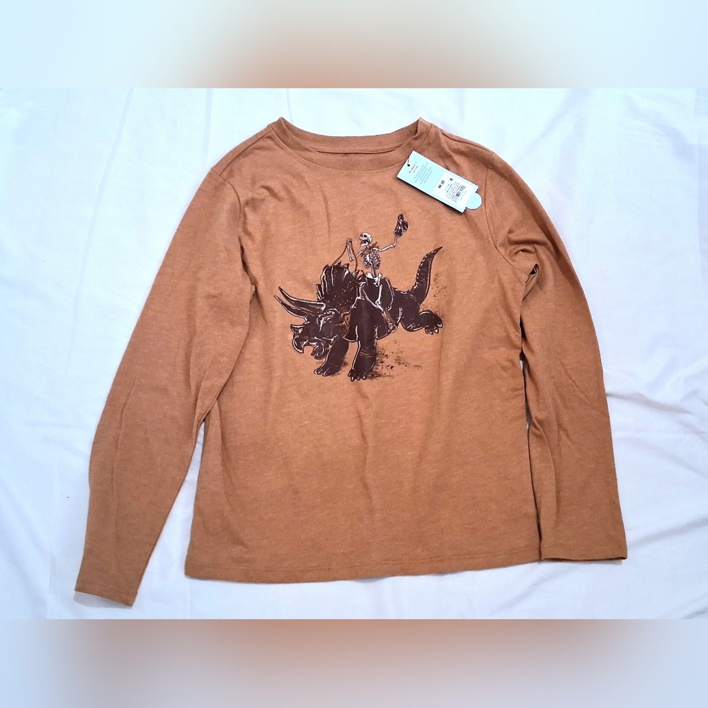 Cat & Jack Boys Long Sleeve Tan Cotton Graphic Top Size 8Y